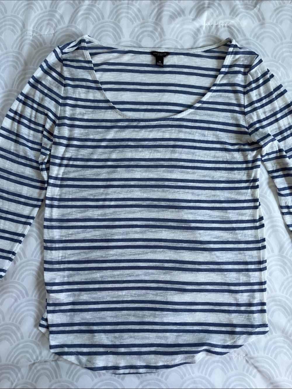 Ann Taylor Navy & White Striped Long Sleeve Scoop Neck Top